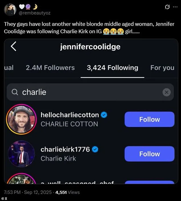 Jennifer Coolidge Faces Backlash After Following Conservative Activist Charlie Kirk, Sparking LGBTQ+ Community Concerns