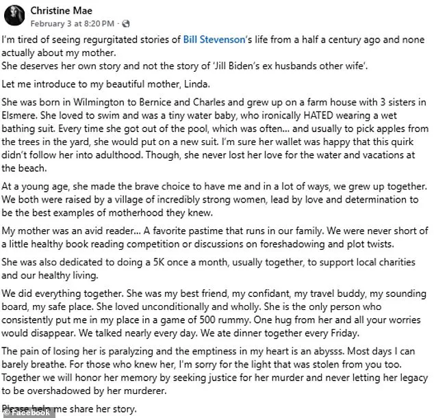 Daughter of Linda Stevenson Demands Justice as Ex-Husband of Jill Biden Faces Murder Charges