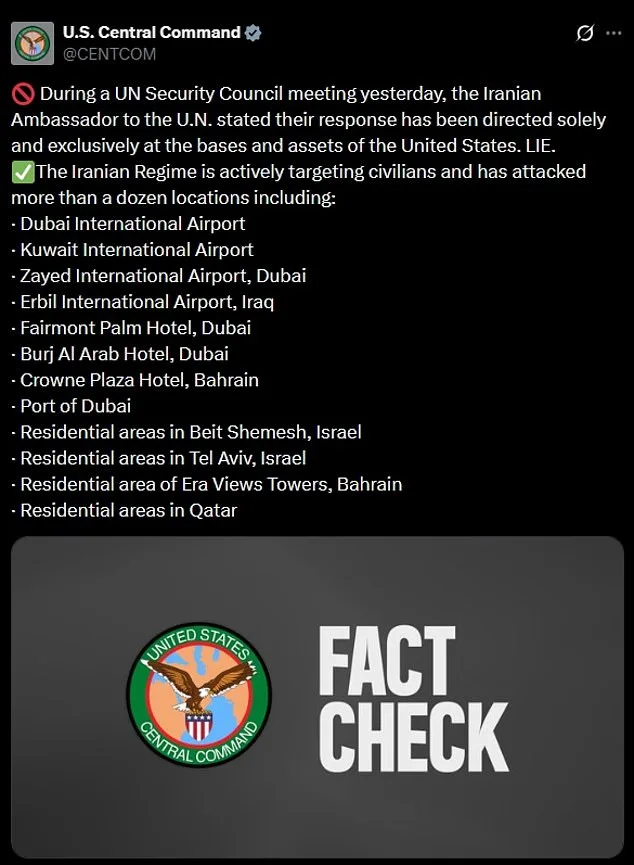 U.S. Central Command Condemns Iran's 'Lie,' Highlights Civilian Strikes in Dubai, Bahrain, and Beyond