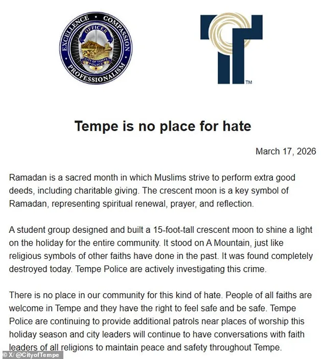Tempe's Islamic Crescent Moon Vandalized in Targeted Hate Crime During Ramadan