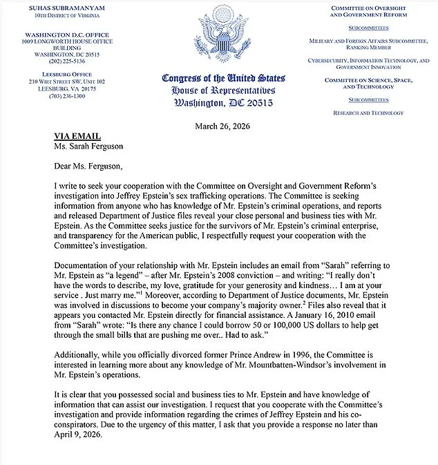 US Congressman Demands Testimony from Sarah Ferguson Over Alleged Epstein Ties and Email Controversy