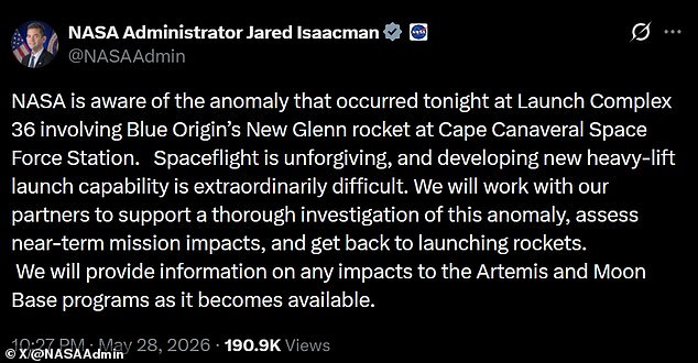 Blue Origin CEO Jeff Bezos calls New Glenn rocket test failure a rough day.