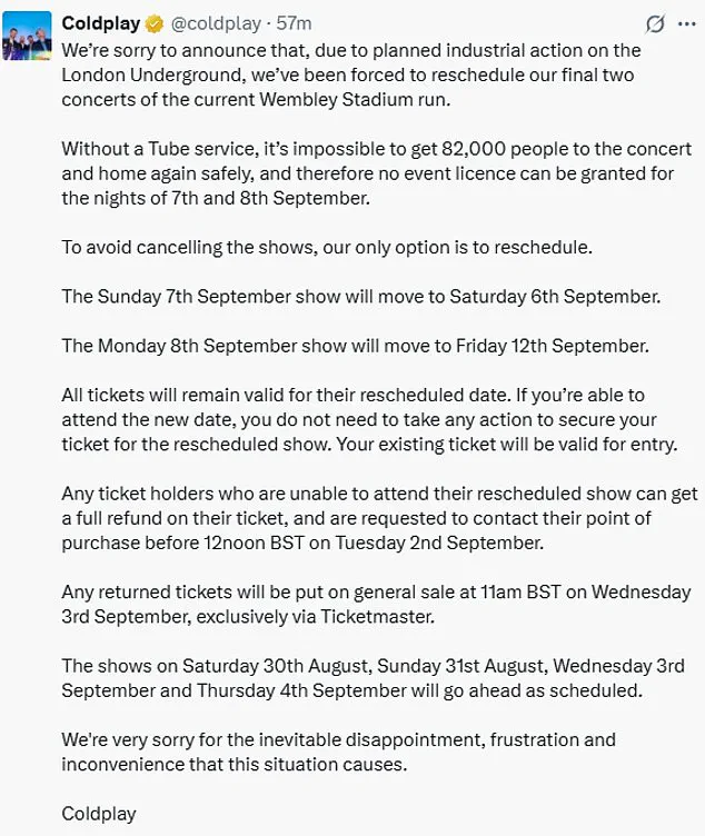 Coldplay Reschedules Wembley Concerts Due to London Underground Strikes